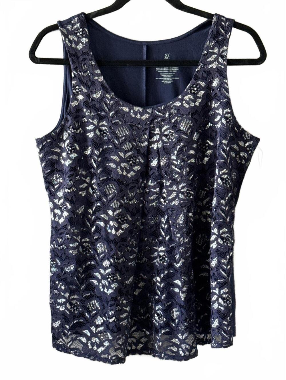 Navy Blue Lace Overlay Tank Top Medium